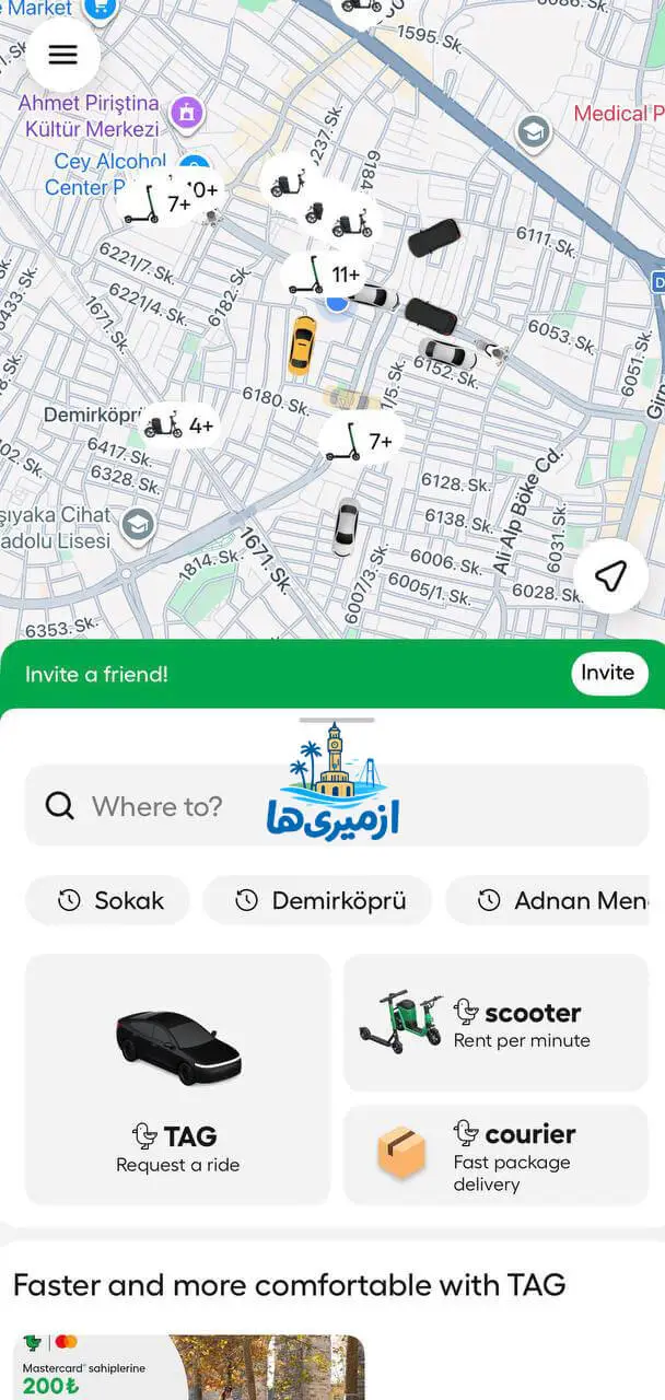 اسکرینشات از نقشه داخل اپلیکیشن Martı با نمایش اسکوترهای نزدیک، گزینه TAG و بخش انتخاب مقصد